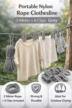 Portable Nylon Rope Clothesline 3 Meter + 6 Clips Grey