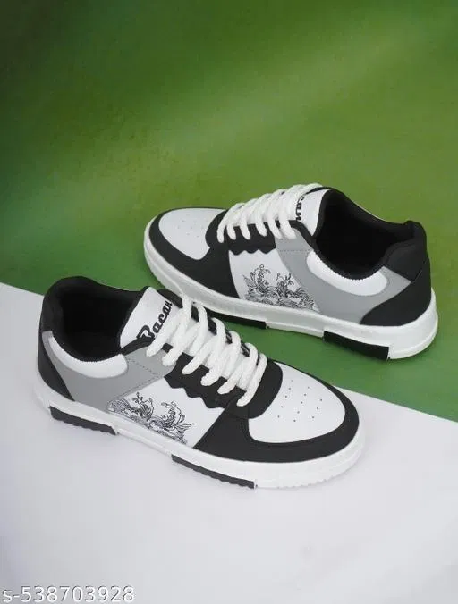White & Casual Trendy Sneakers for Men (Black, IND-7)