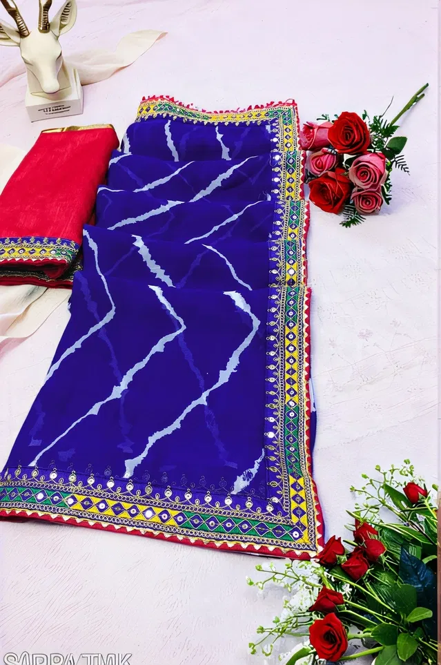 Georgette Printed Saree for Women (Royal Blue, 6.1 m)