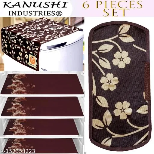 KANUSHI Industries® 1Pc Fridge Cover for Top with 6 Utility Pockets + 1 Handles Covers + 4 Fridge Mats (FRI-BROWN-RAJ+1-HANDLE+M-11-04)