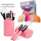 Professional 12-Piece Makeup Brush Set With Box + Soft 6-In-1 Makeup Sponge Pack (Set of 18)