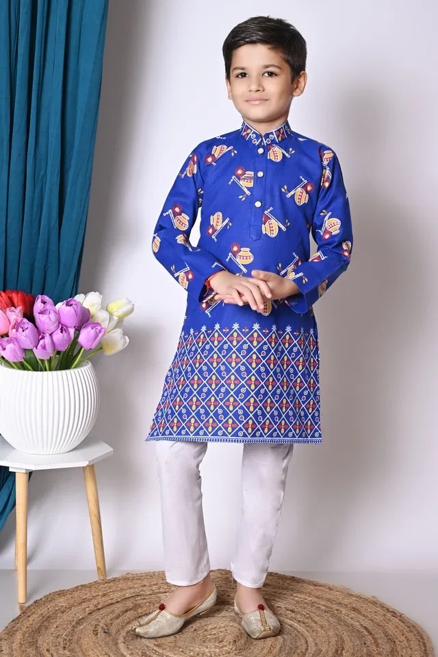 Cotton Printed Kurta with Payjama for Boys, Blue & White (1-2 Years)