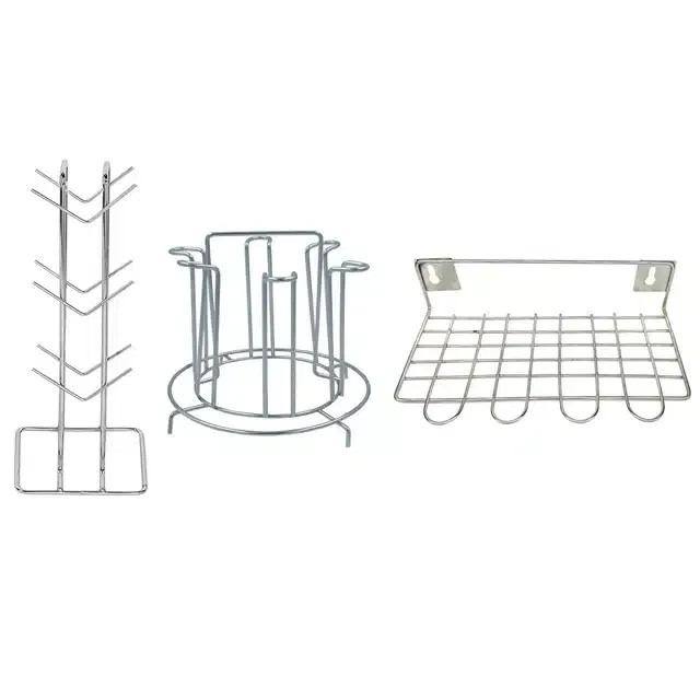 Stainless Steel Cup Stand & Glass Holder with Utensil Holder (Set of 3, Silver)
