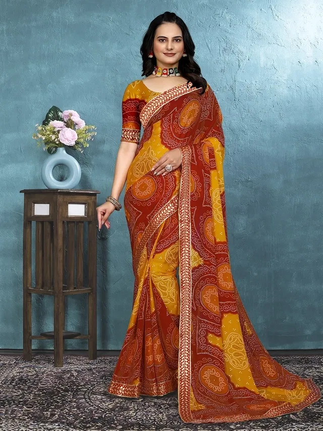 Georgette Bandhini Saree for Women (Red)