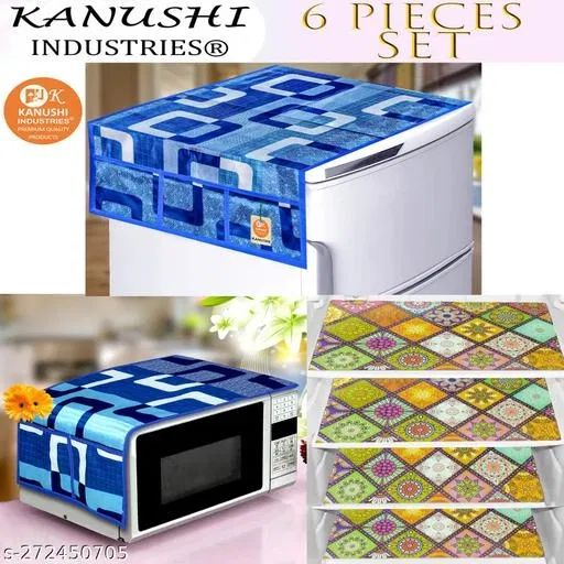 KANUSHI Industries® 1 Pc Microwave/Oven Top Cover + 1 Pc Fridge/Refrigerator Top Cover + 4 Fridge Mate (Color-Blue) (Micro+FRI-Blue-Box+M-22-04)