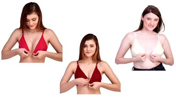 Cotton Blend Solid Non-Padded Front Open Bras for Women (Multicolor, 32) (Pack of 3)