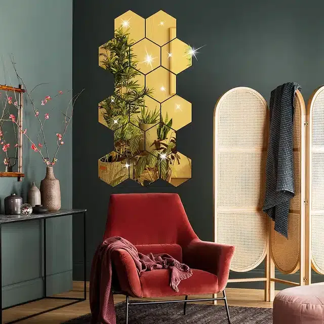 Acrylic Hexagon Shaped Wall Mirror Stickers (Gold, Pack of 15)