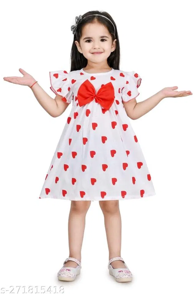 Crepe Frock for Girls (White & Red, 0-1 Years)
