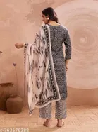 Polyester Printed Kurta With Paint & Dupatta Set for Women, Black & Beige 