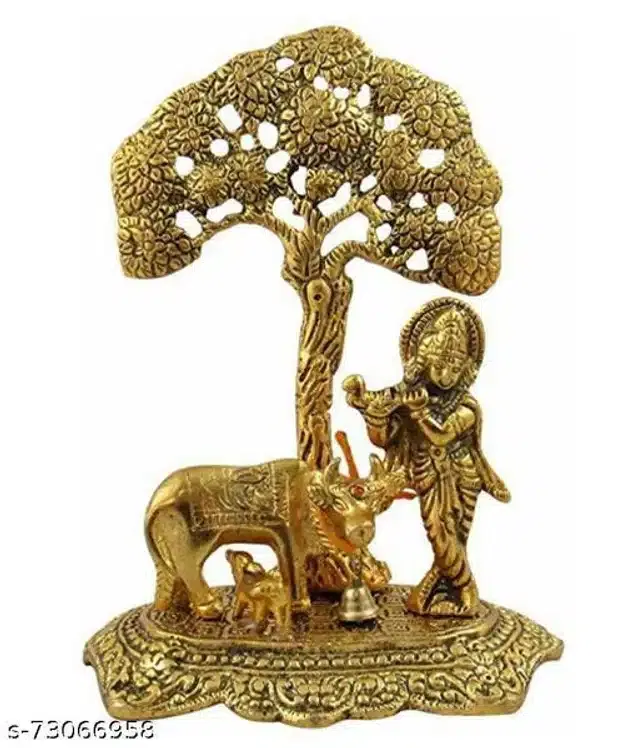 Krishna with Cow Standing Under Tree Idols (Gold)