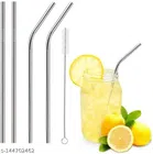 Stainless Steel Straws (4 Pcs) with Cleaning Brush (Silver, Set of 2)