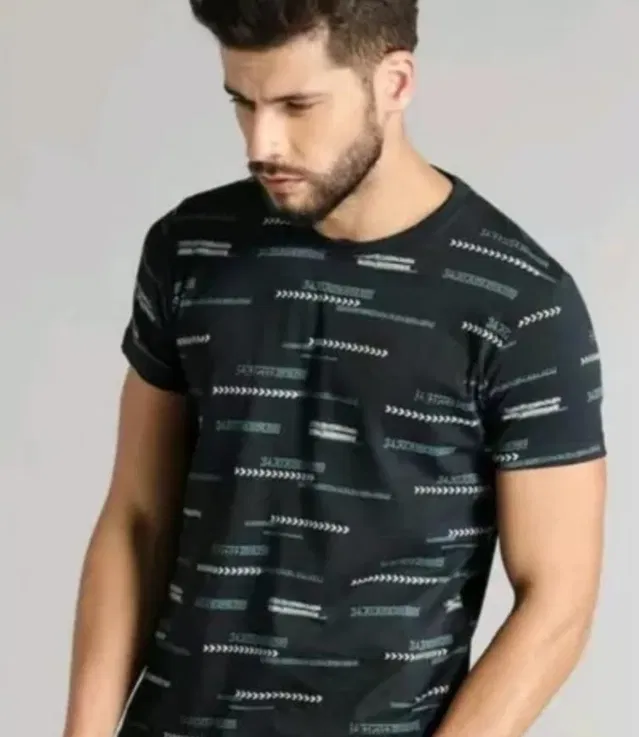 Round Neck Printed T-Shirt for Men (Blue, L)