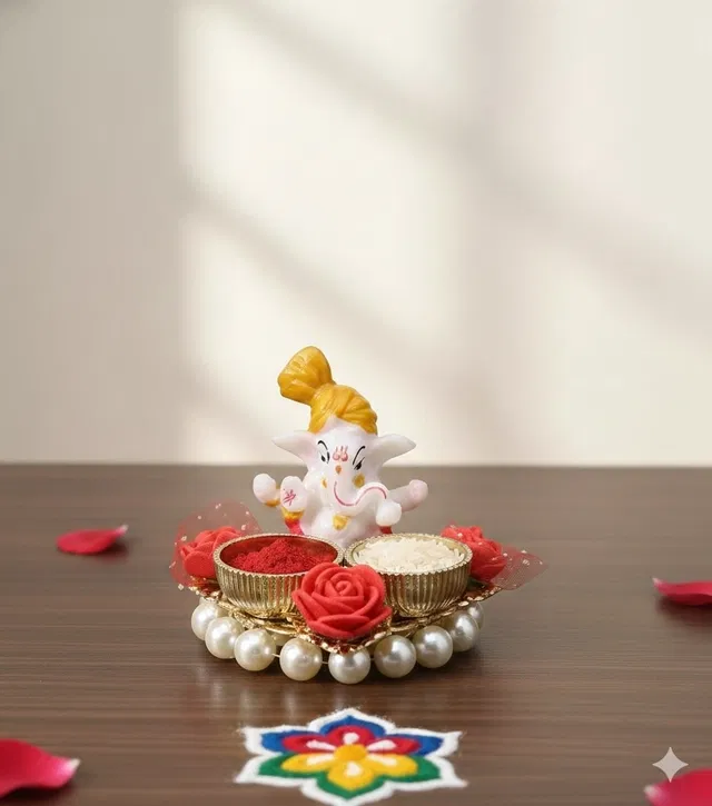 Metal Decorative Ganpati Haldi Kumkum Stand with 2 Roli Chawal Holder, Multicolor