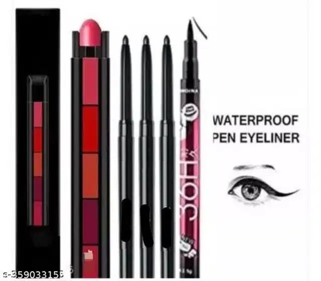 Combo of Mini 5-in-1 Lipstick with 3 Pcs Kajal & Eyeliner (Multicolor, Set of 3)
