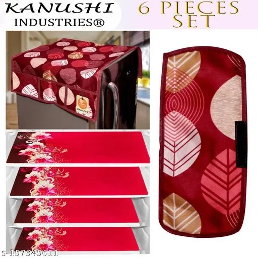 KANUSHI Industries® 1Pc Fridge Cover for Top with 6 Utility Pockets + 1 Handles Covers + 4 Fridge Mats (FRI-MAROON-LONG-LEV+1-HANDLE+M-23-04)