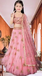 Net Embroidered Semi Stitched Lehenga for Girls 