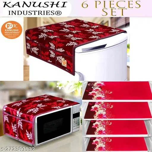 KANUSHI Industries® 1 Pc Microwave/Oven Top Cover + 1 Pc Fridge/Refrigerator Top Cover + 4 Fridge Mate (Color-Maroon) (Micro+FRI-Maroon-Small-LEVS+M-23-04)