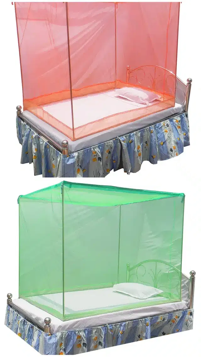 Polyester Single Bed Mosquito Net (Pack of 2) (Orange & Green, 6x3 feet)