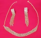 GOLD Rhinestone Fringe Necklace and Dangle Earrings For Womens 