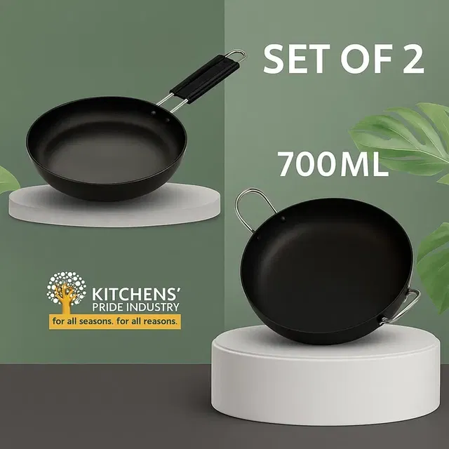 2 Pcs Cookware Set (Iron Fry Pan 20cm, Iron Kadhai 700ml)