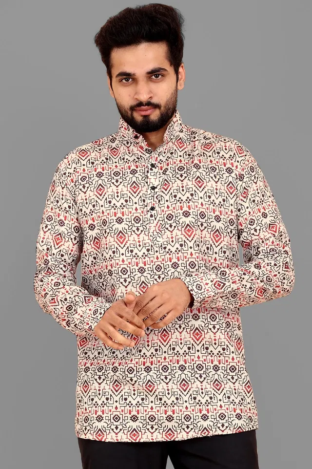 Cotton Blend Printed Kurta for Men (Cream, L)