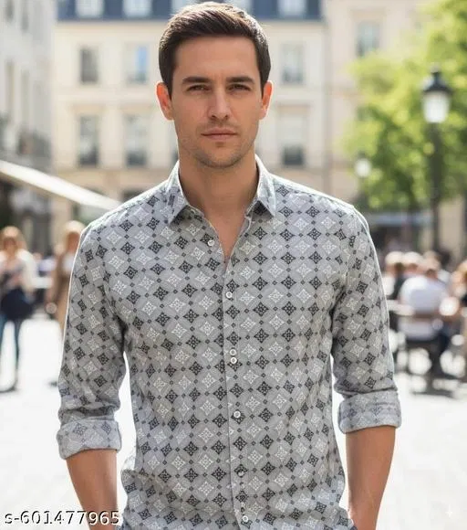 Cotton Blend Printed Shirt for Men, Grey (XXL)