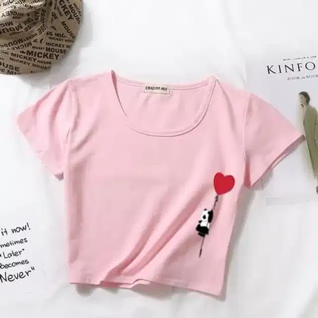 Printed Crop T-shirt for Women (Pink, L)