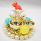 Metal Decorative Ganpati Haldi Kumkum Stand with 2 Roli Chawal Holder, Multicolor