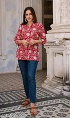 Cotton Printed Short Kurti for Women, Red 