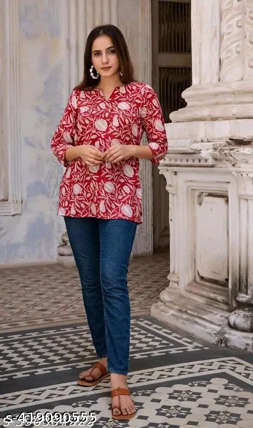 Cotton Printed Short Kurti for Women, Red (L)