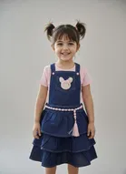 Denim Embroidery Frock For Girls, Blue & White 