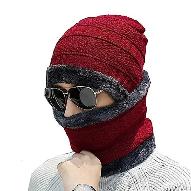 Winter Cap with Neck Warmer for Men (Red, Set of 1)
