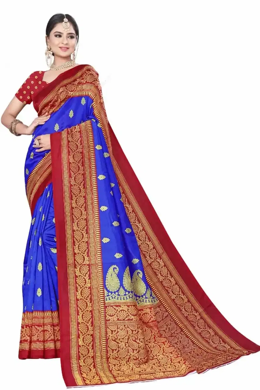 कानूड़ा प्रिंट्स फैंसी विमेंस मैसूर आर्ट सिल्क प्रिंटेड साड़ी (ब्लू) (K-18)