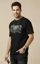 Polyester Printed T-shirt for Men, Black 