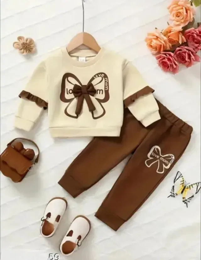 Cotton Hosiery Printed Clothing Set for Girls, Cream & Brown (9-12 Months)