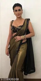 Lycra Solid Saree for Women, Gold & Black 