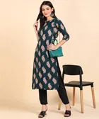 Crepe Block Print Women's Kurta with Pant Set (Teal, XXL)