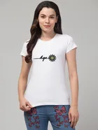 Round Neck Printed T-Shirt for Women (White, S)