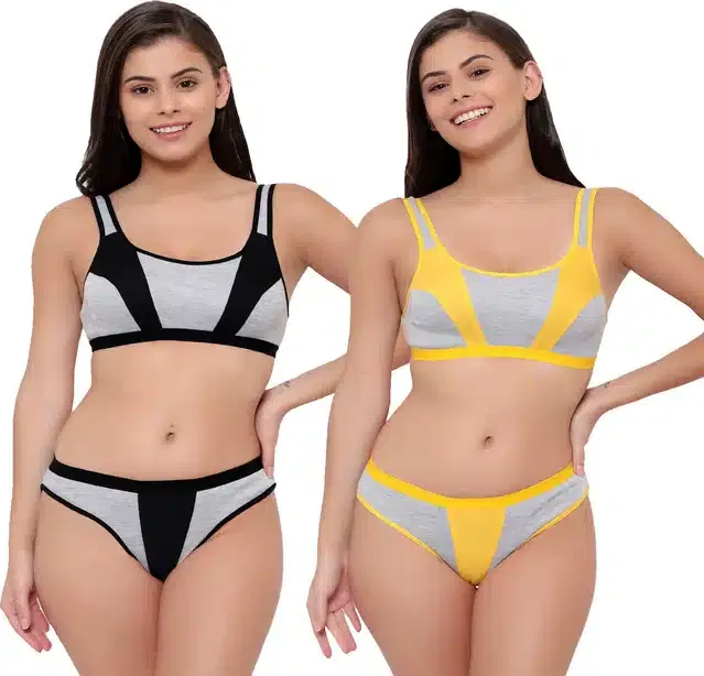 Cotton Blend Lingerie Set for Women (Black & Yellow, 34) (Set of 2)