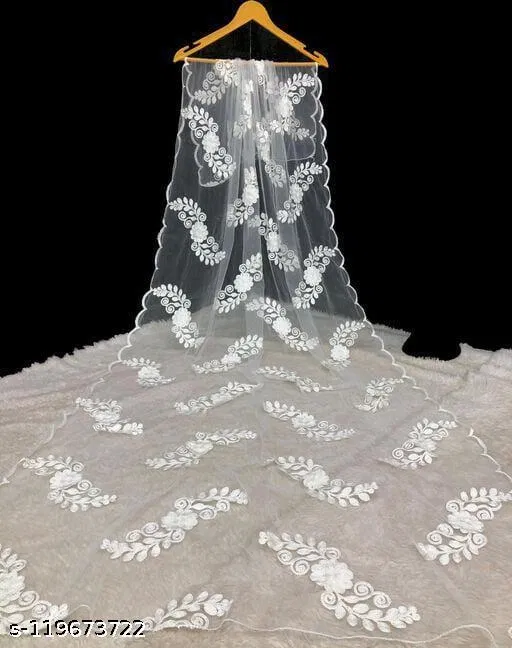 Embroidered Punjabi Net Botanical Sewing & Embroidery (White, Free Size)