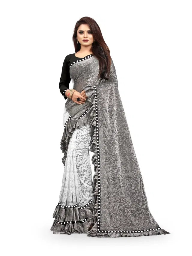 Lycra Blend Embellished Saree for Women (Grey, 6.3 m)