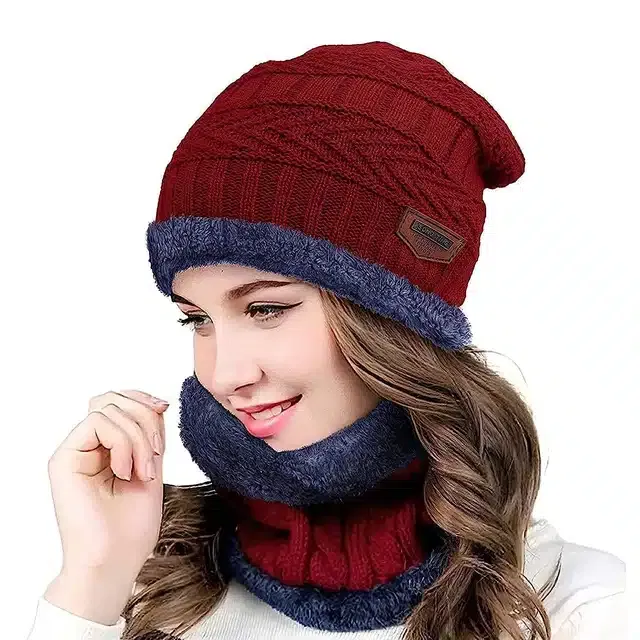 Winter Cap with Neck Warmer for Women (Red, Set of 1)