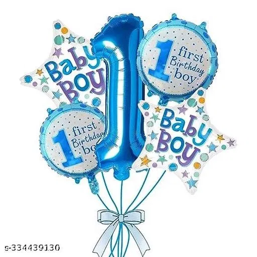 1st Birthday Boy Theme Foil Balloon Set, Blue, Pack of 5