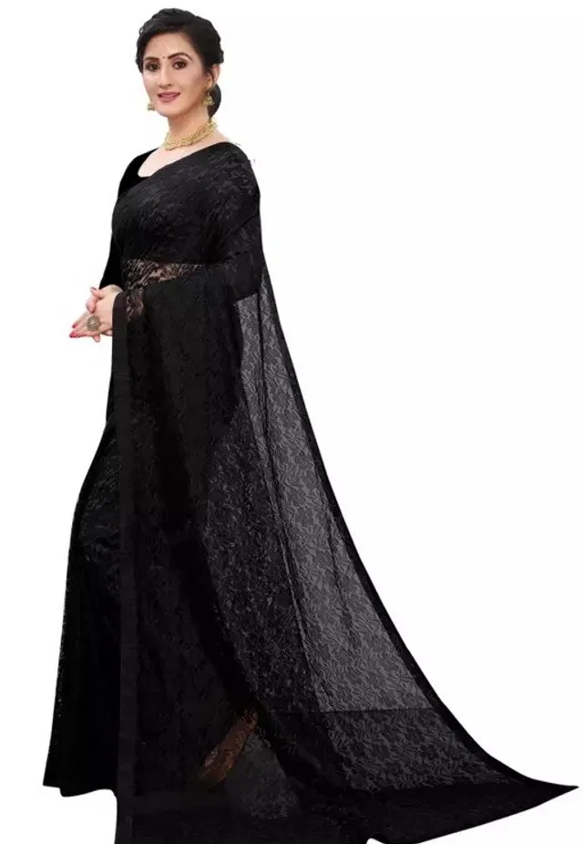 Net Floral Saree for Women (Black, 6.3 m)