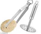 Stainless Steel Chimta with Masher (Silver, Set of 2)