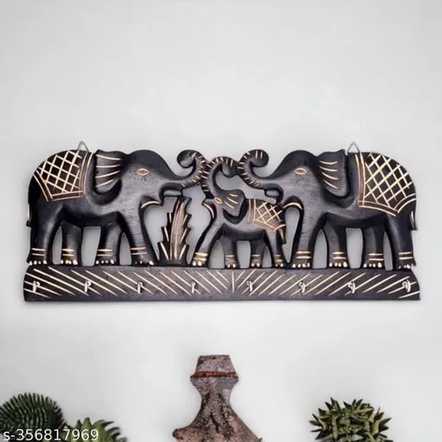 Wooden Elephant Theme Key Holder (Black)