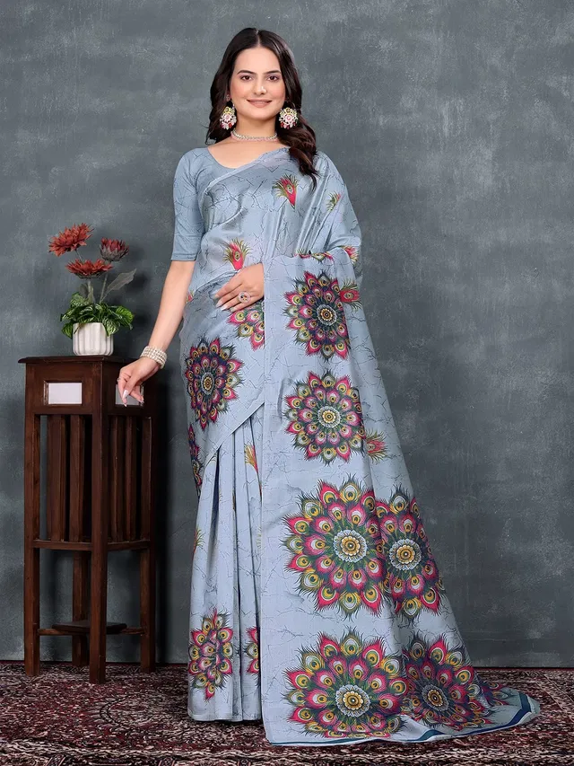 Mysore Silk Printed Saree for Women (Grey, 6.3 m)