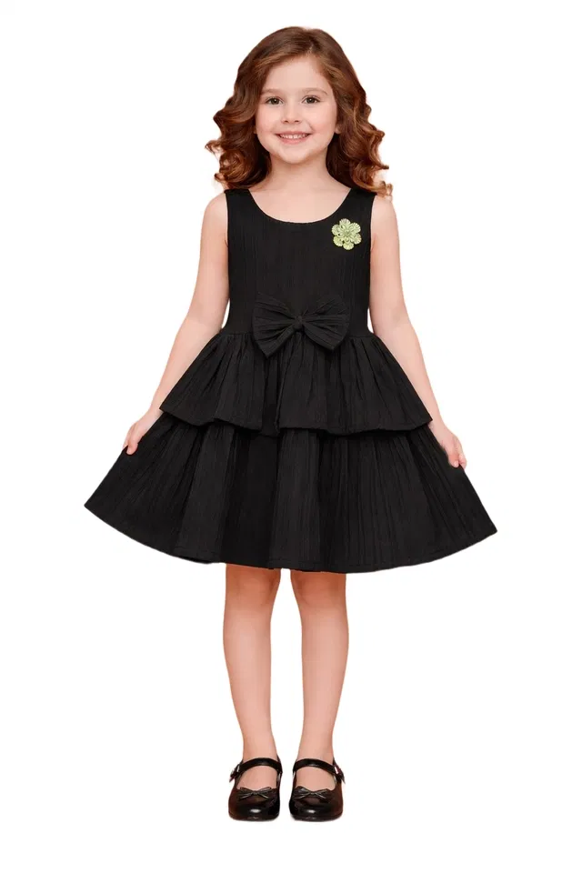 Printed Frock for Girls (Black, 5-6 Years)