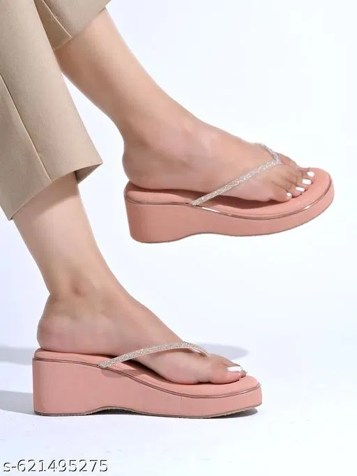 Solid Open Toe Wedges for Women (Pink, IND-4)