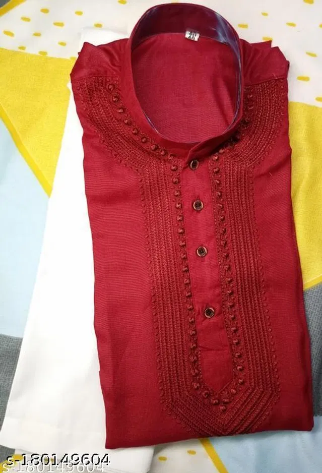 Cotton Embroidered Kurta with Pyjama for Men (Maroon & White, XXL)